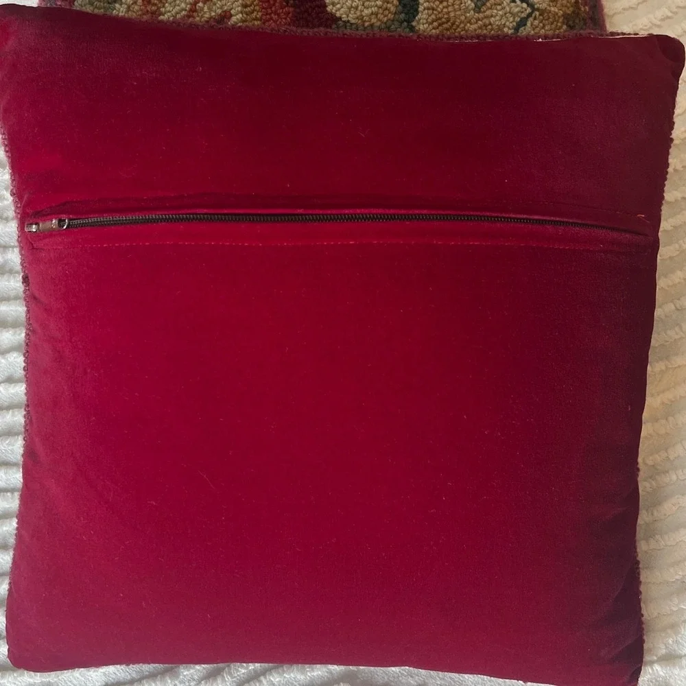 Vintage Hooked Wool Floral Throw Pillow Burgundy Velvet Back 15x15 Square Rose